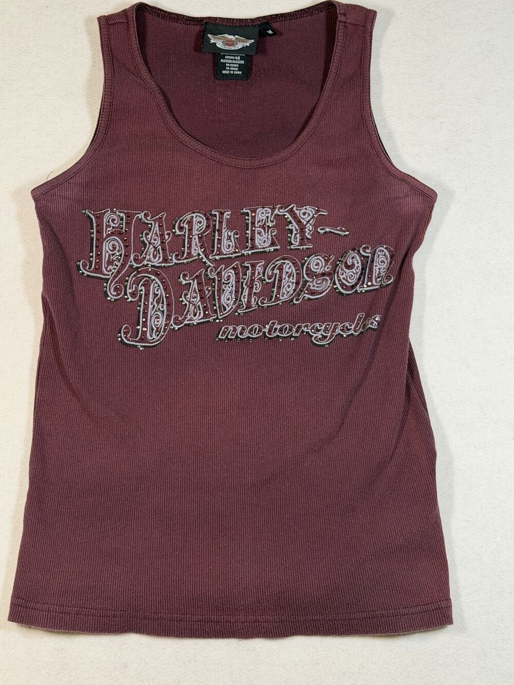 Harley Davidson Womens Medium Tank Top Burgundy Rhinestone Logo Ribbed